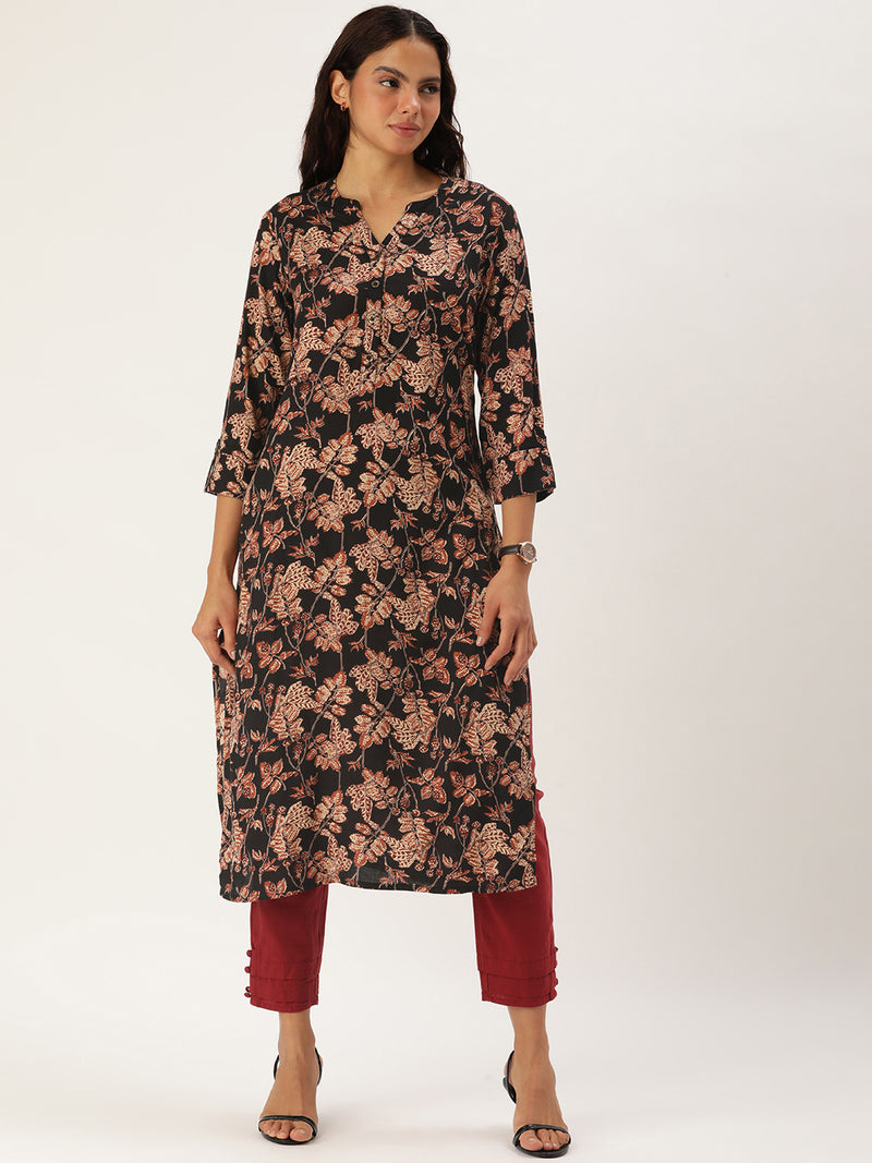 Black & Beige Floral Printed Straight Cut Kurta