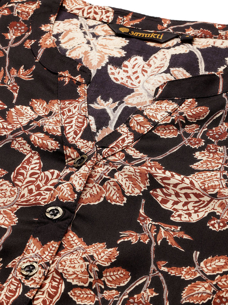 Black & Beige Floral Printed Straight Cut Kurta