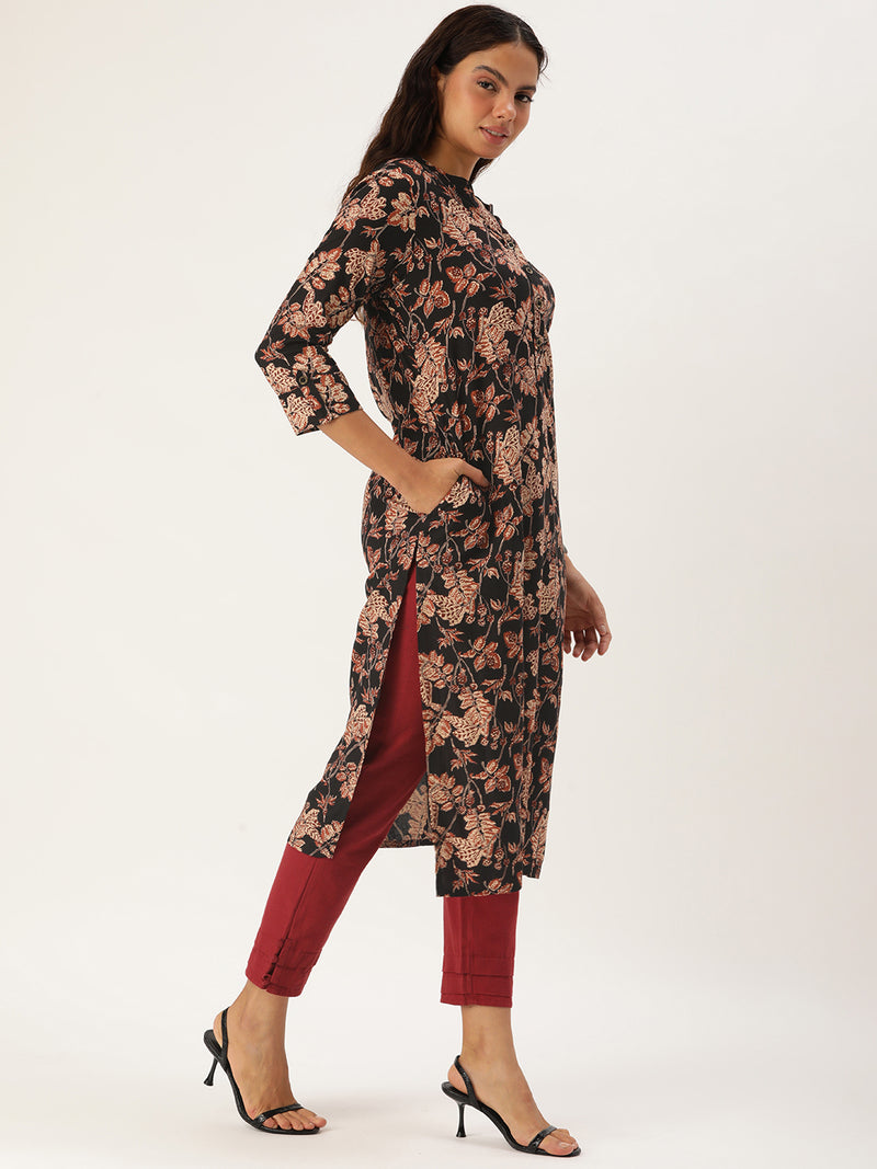 Black & Beige Floral Printed Straight Cut Kurta