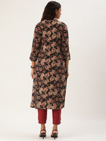Black & Beige Floral Printed Straight Cut Kurta