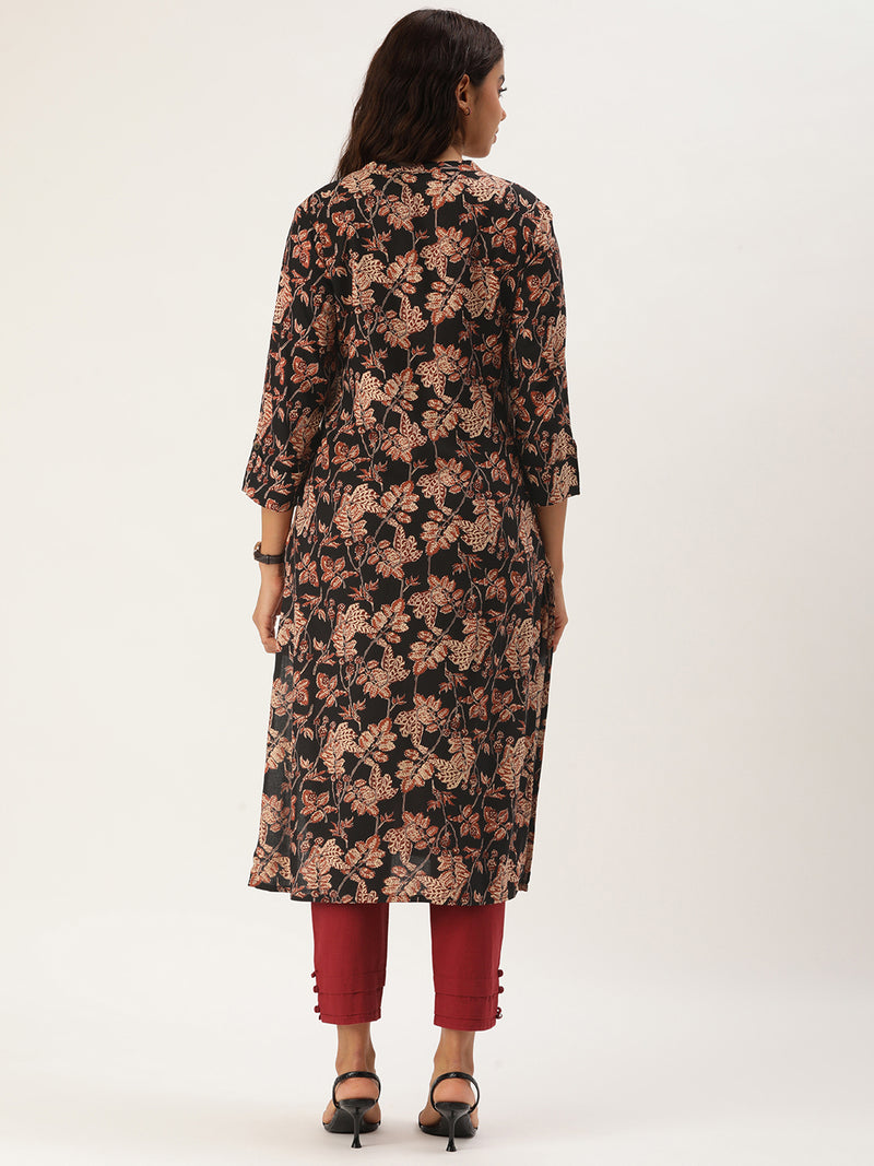 Black & Beige Floral Printed Straight Cut Kurta