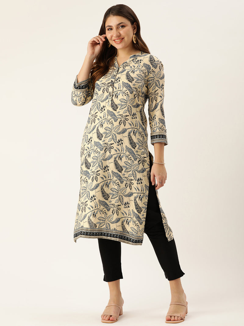 Beige & Blue Floral Printed Mandarin Collar Kurta