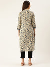 Beige & Blue Floral Printed Mandarin Collar Kurta