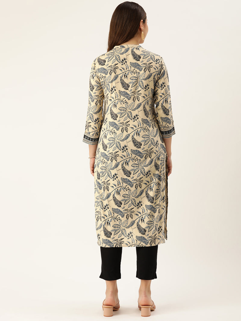 Beige & Blue Floral Printed Mandarin Collar Kurta