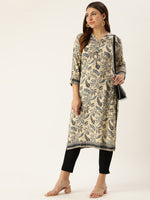 Beige & Blue Floral Printed Mandarin Collar Kurta