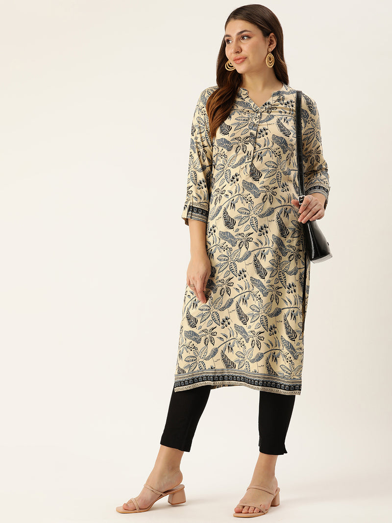 Beige & Blue Floral Printed Mandarin Collar Kurta