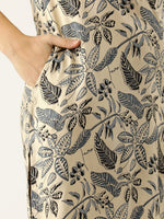 Beige & Blue Floral Printed Mandarin Collar Kurta