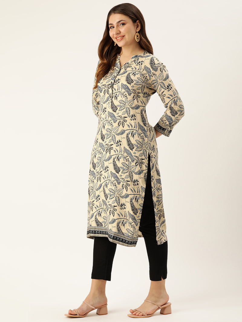 Beige & Blue Floral Printed Mandarin Collar Kurta