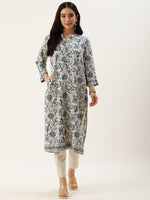 White & Blue Floral Printed Straight Kurta
