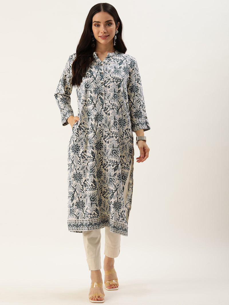 White & Blue Floral Printed Straight Kurta