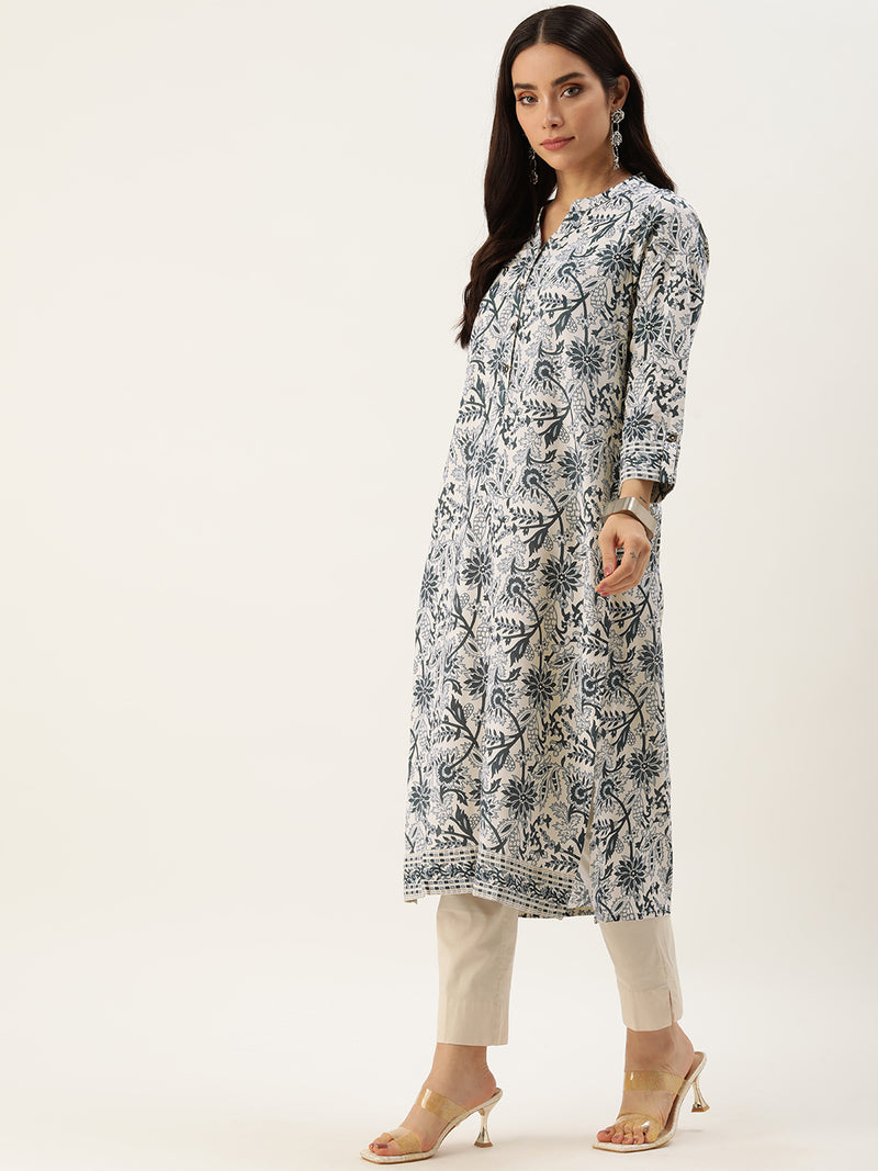 White & Blue Floral Printed Straight Kurta