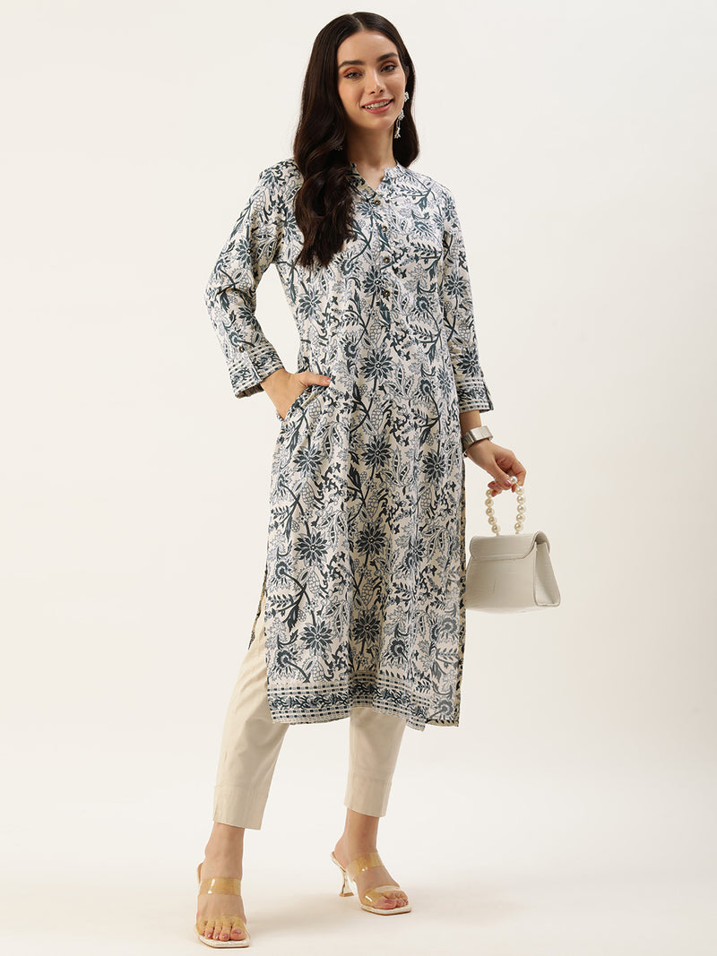 White & Blue Floral Printed Straight Kurta