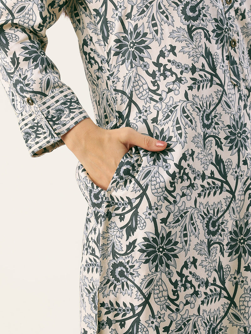 White & Blue Floral Printed Straight Kurta