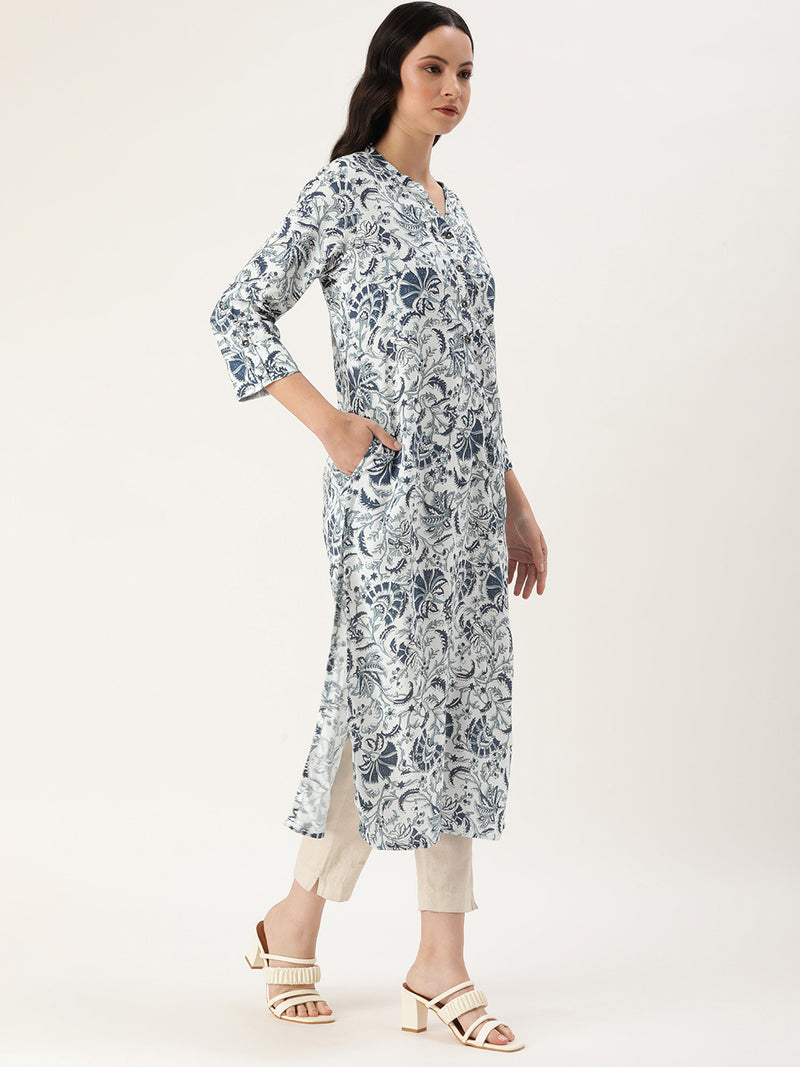 Blue Jal Floral Printed Straight Cut Kurta