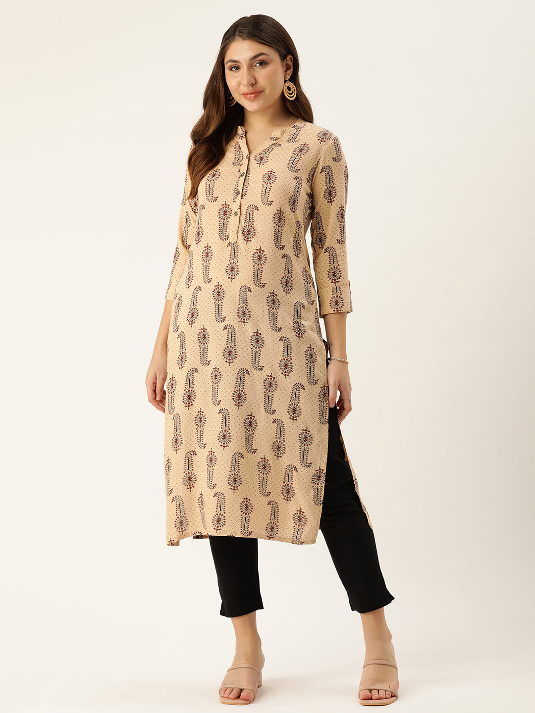 Beige & Brown Ethnic Motifs Printed Mandarin Collar Kurta