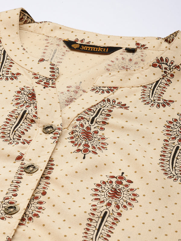 Beige & Red Ethnic Motifs Printed Mandarin Collar Kurta