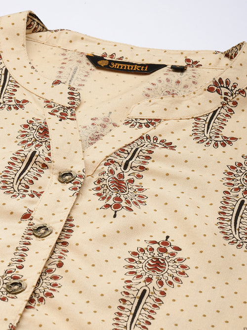 Beige & Red Ethnic Motifs Printed Mandarin Collar Kurta