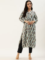 Beige & Blue Paisley Printed Straight Kurta