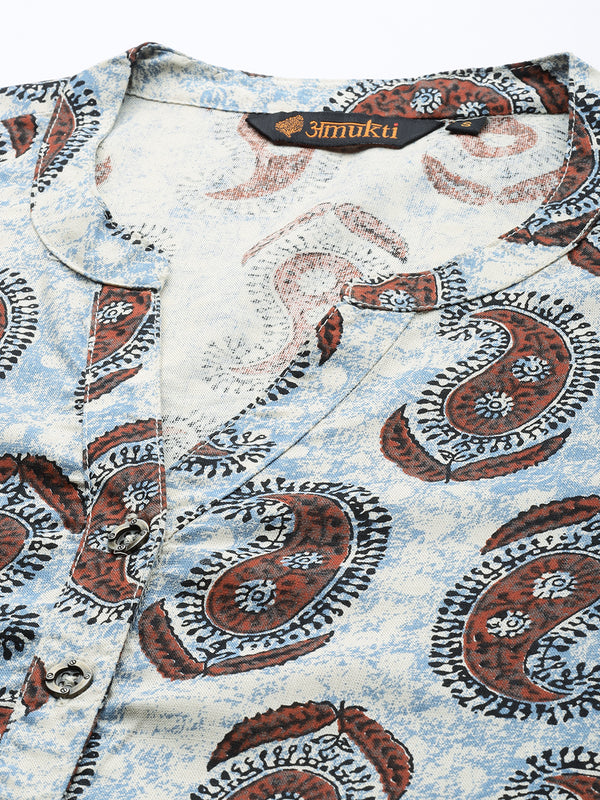 Beige & Blue Paisley Printed Straight Kurta