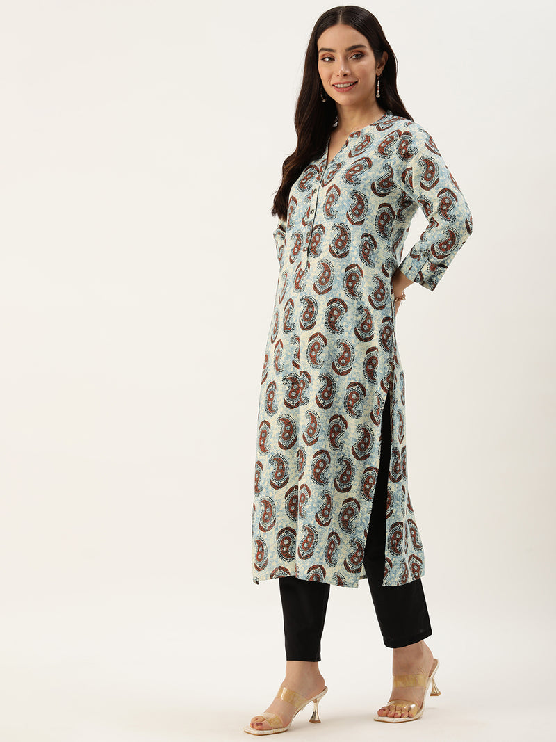 Beige & Blue Paisley Printed Straight Kurta