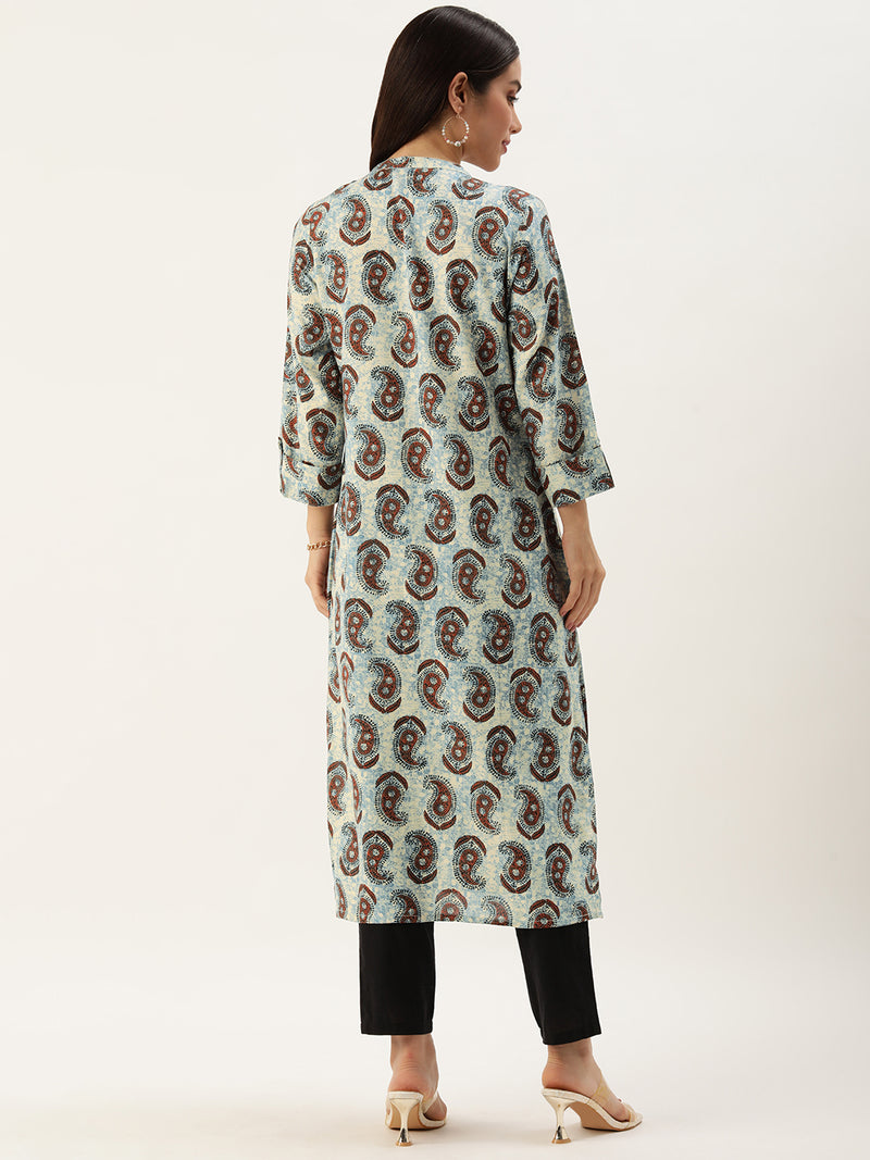 Beige & Blue Paisley Printed Straight Kurta