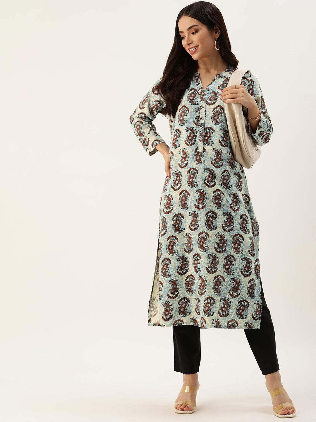 Beige & Blue Paisley Printed Straight Kurta