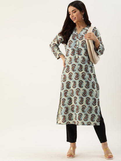 Beige & Blue Paisley Printed Straight Kurta