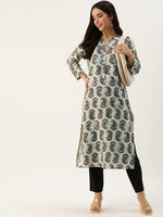Beige & Blue Paisley Printed Straight Kurta