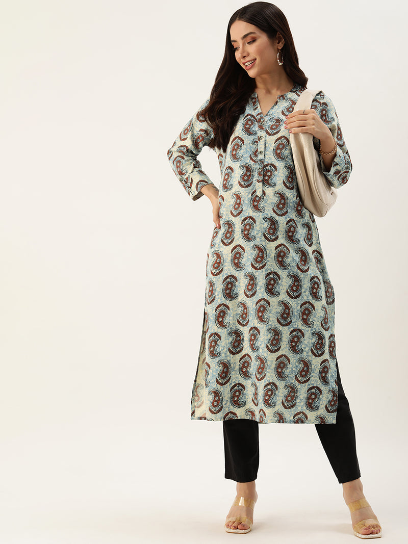 Beige & Blue Paisley Printed Straight Kurta
