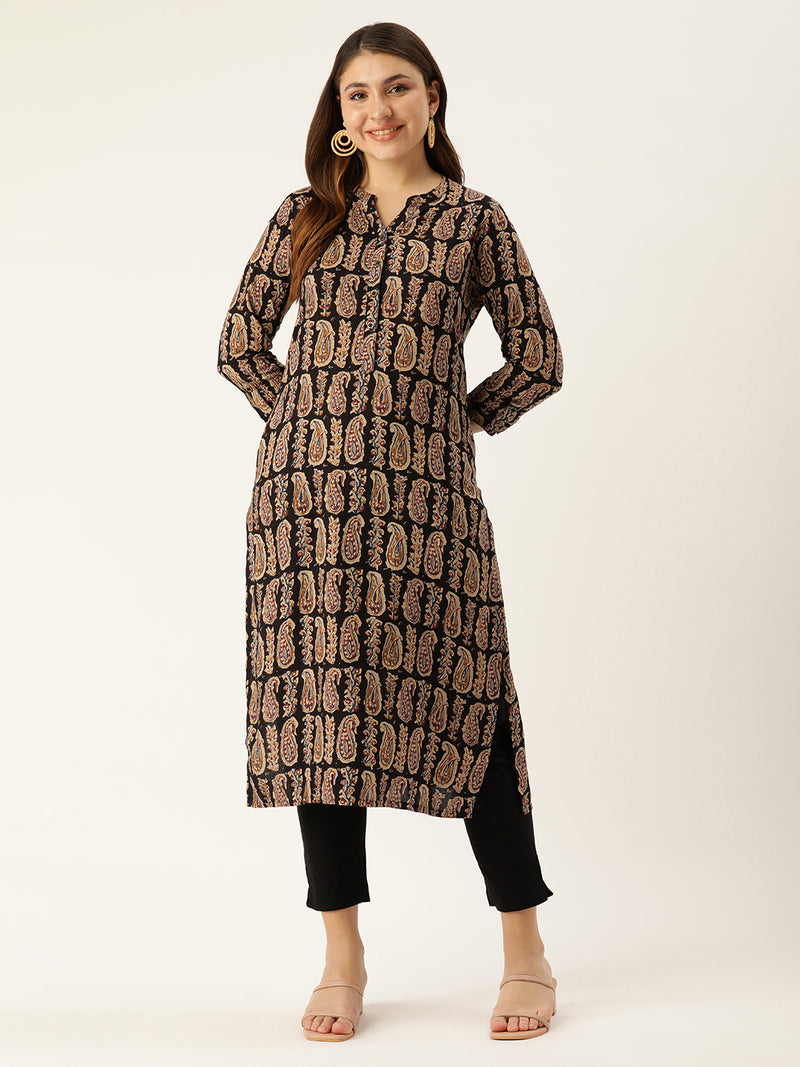 Black & Beige Paisley Printed Mandarin Collar Kurta