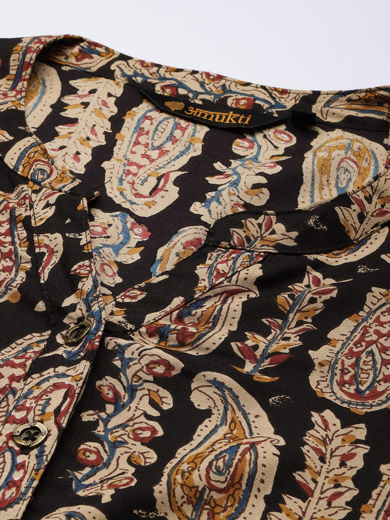 Black & Beige Paisley Printed Mandarin Collar Kurta