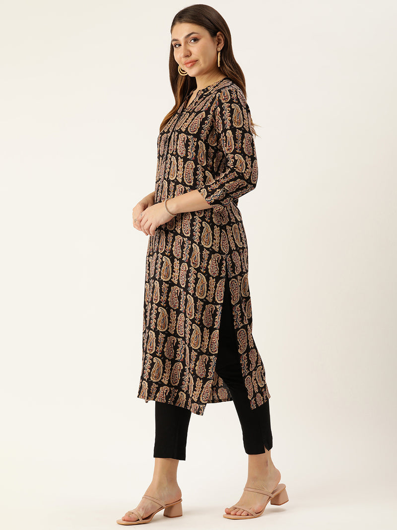 Black & Beige Paisley Printed Mandarin Collar Kurta