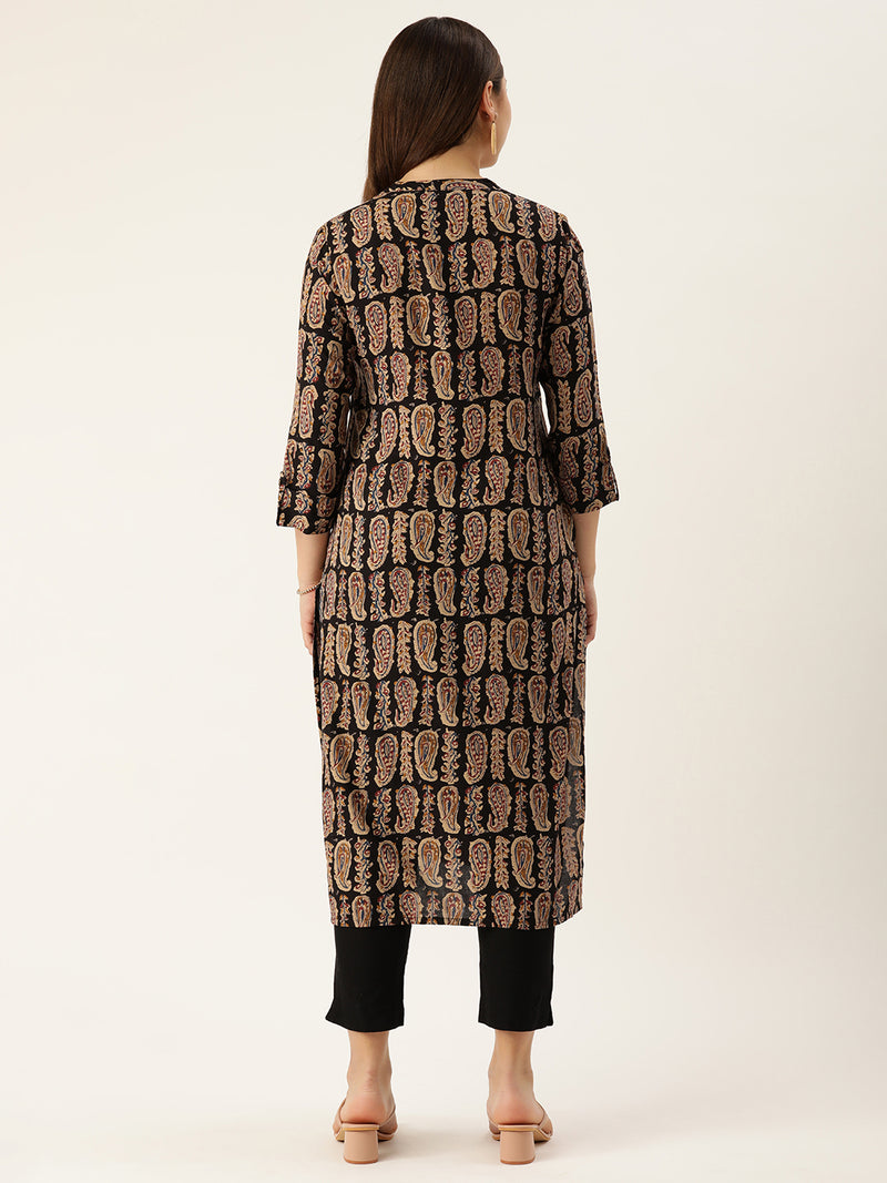 Black & Beige Paisley Printed Mandarin Collar Kurta