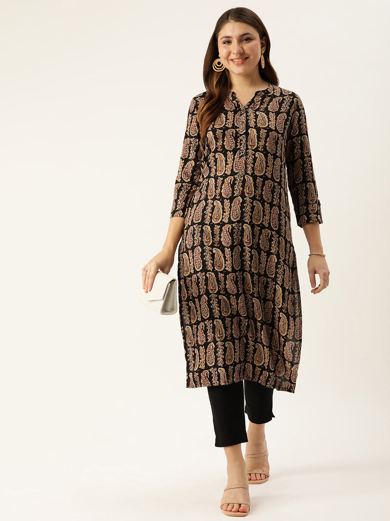 Black & Beige Paisley Printed Mandarin Collar Kurta