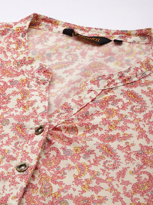 Pink Floral Printed Mandarin Collar Kurta