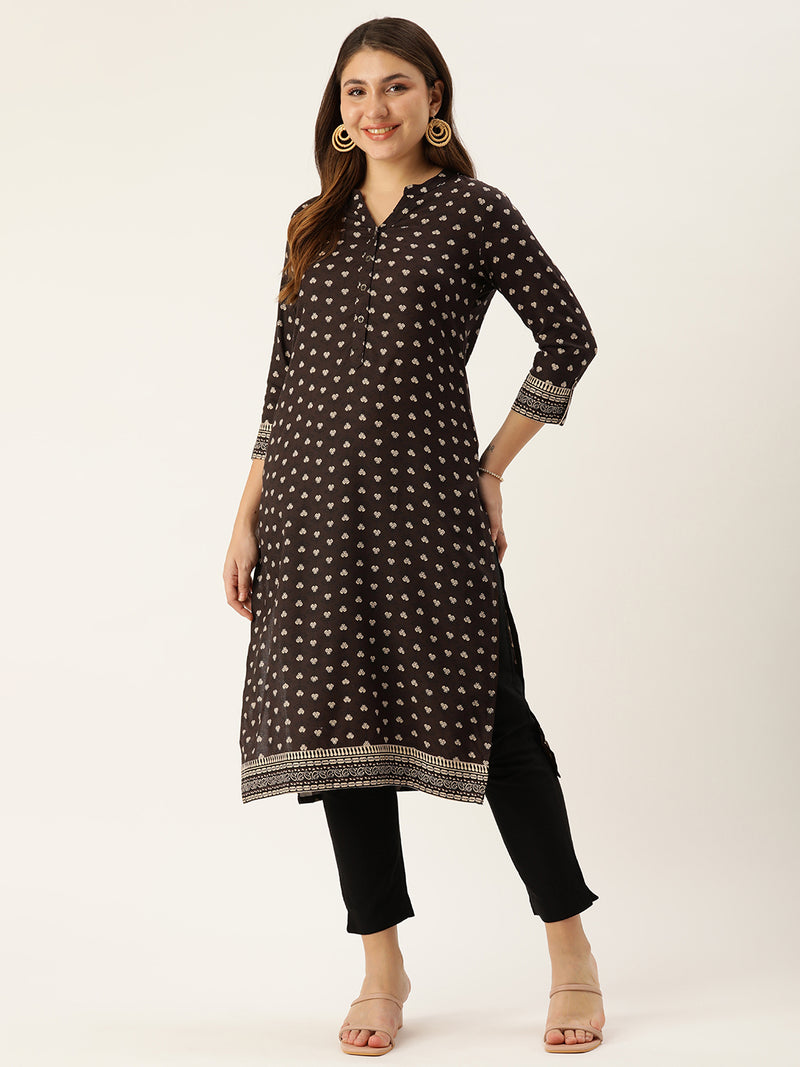 Brown & Beige Mandarin Collar Printed Kurta