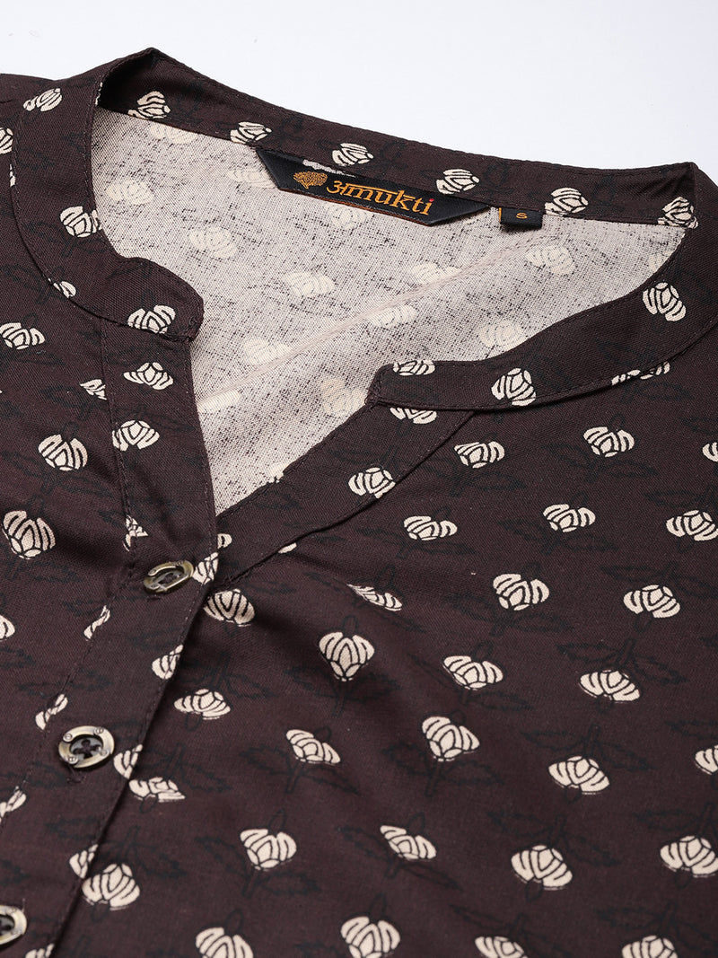 Brown & Beige Mandarin Collar Printed Kurta
