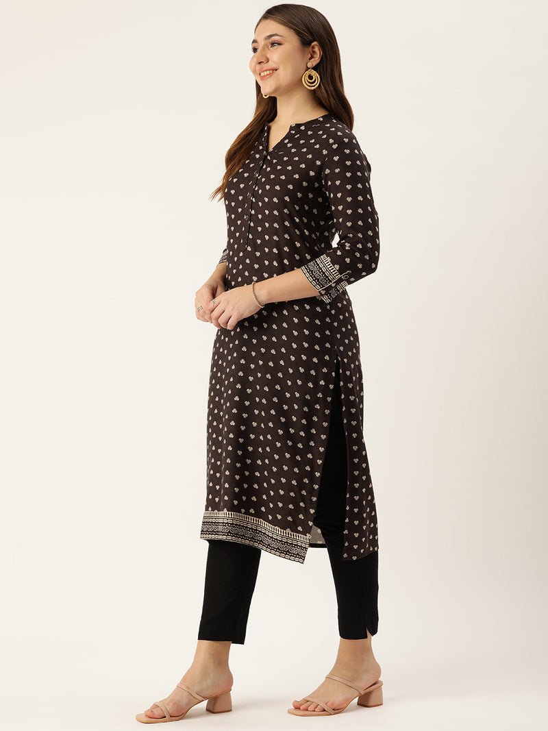 Brown & Beige Mandarin Collar Printed Kurta