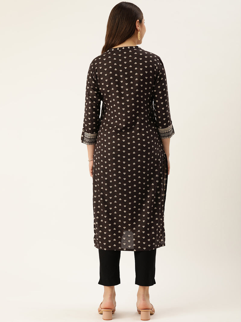 Brown & Beige Mandarin Collar Printed Kurta