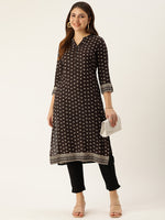 Brown & Beige Mandarin Collar Printed Kurta