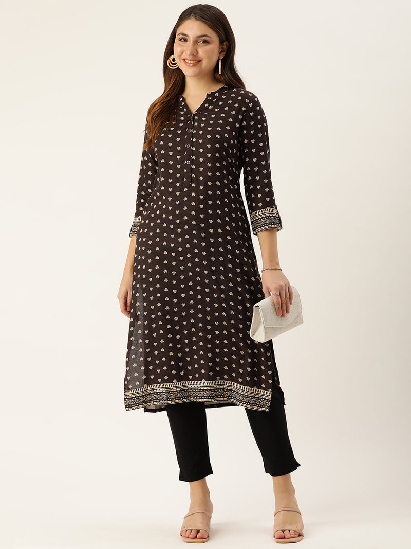 Brown & Beige Mandarin Collar Printed Kurta