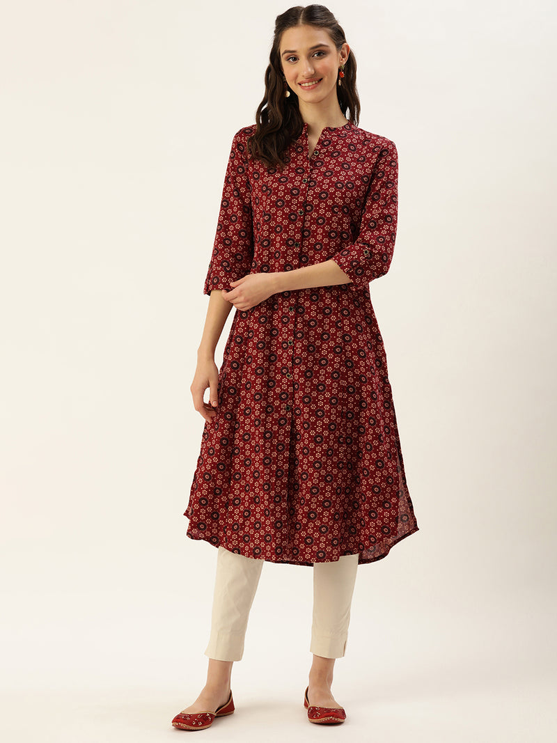 Red Ethnic Motifs Printed A-Line Kurta