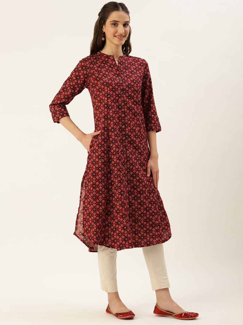 Red Ethnic Motifs Printed A-Line Kurta