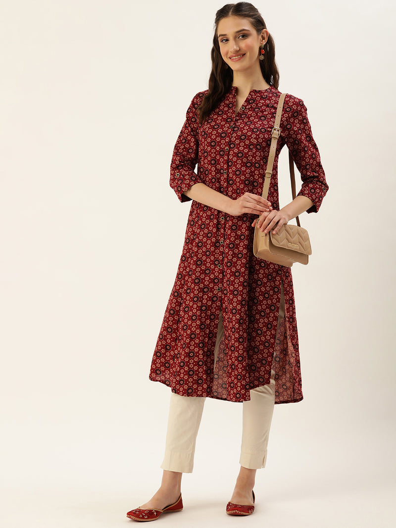 Red Ethnic Motifs Printed A-Line Kurta
