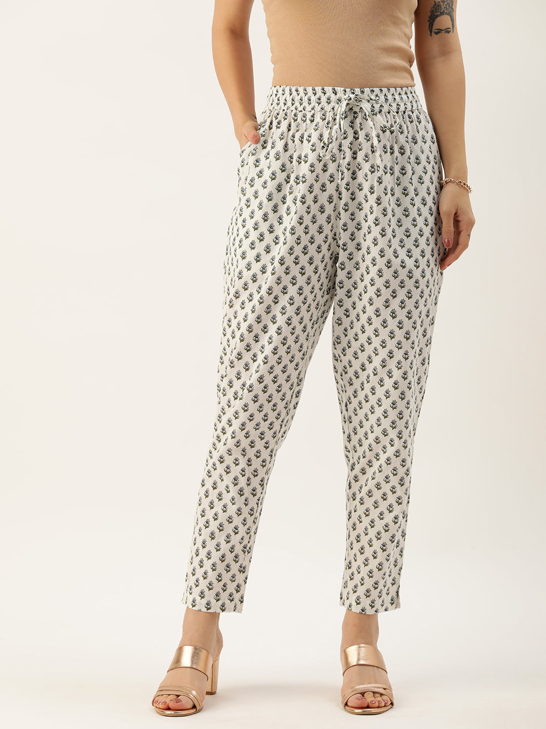White Floral Printed Pleated Trousers