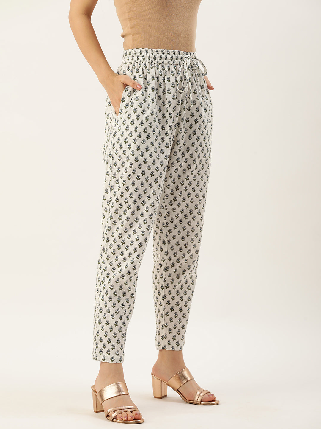 White Floral Printed Pleated Trousers