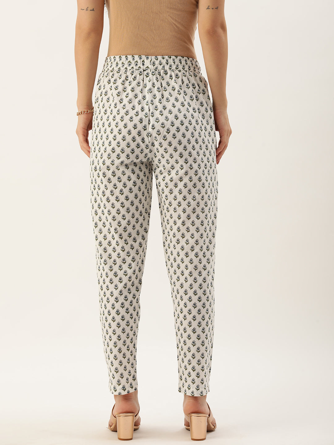 White Floral Printed Pleated Trousers