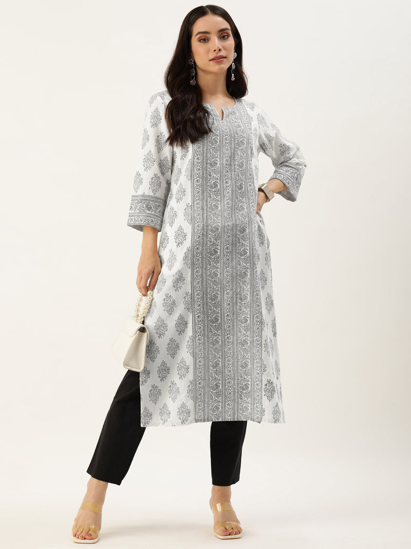 White & Black Ethnic Motifs Printed Straight Cut Kurta