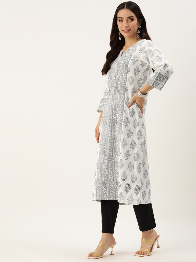 White & Black Ethnic Motifs Printed Straight Cut Kurta