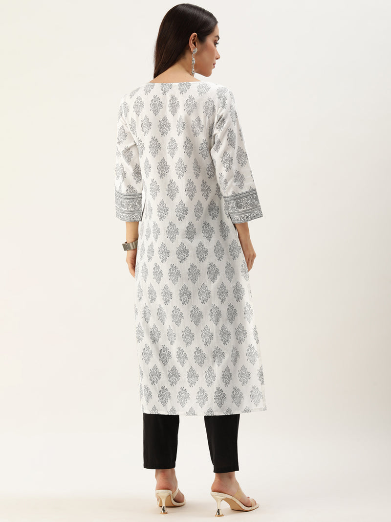 White & Black Ethnic Motifs Printed Straight Cut Kurta